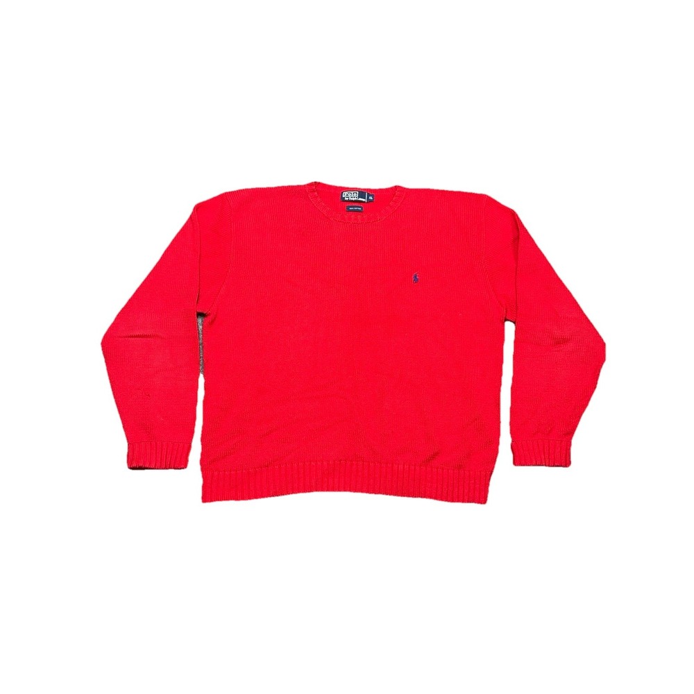 Polo Ralph Lauren Mens XL Red Cotton Knit Crewneck Sweater Navy Pony Vintage
